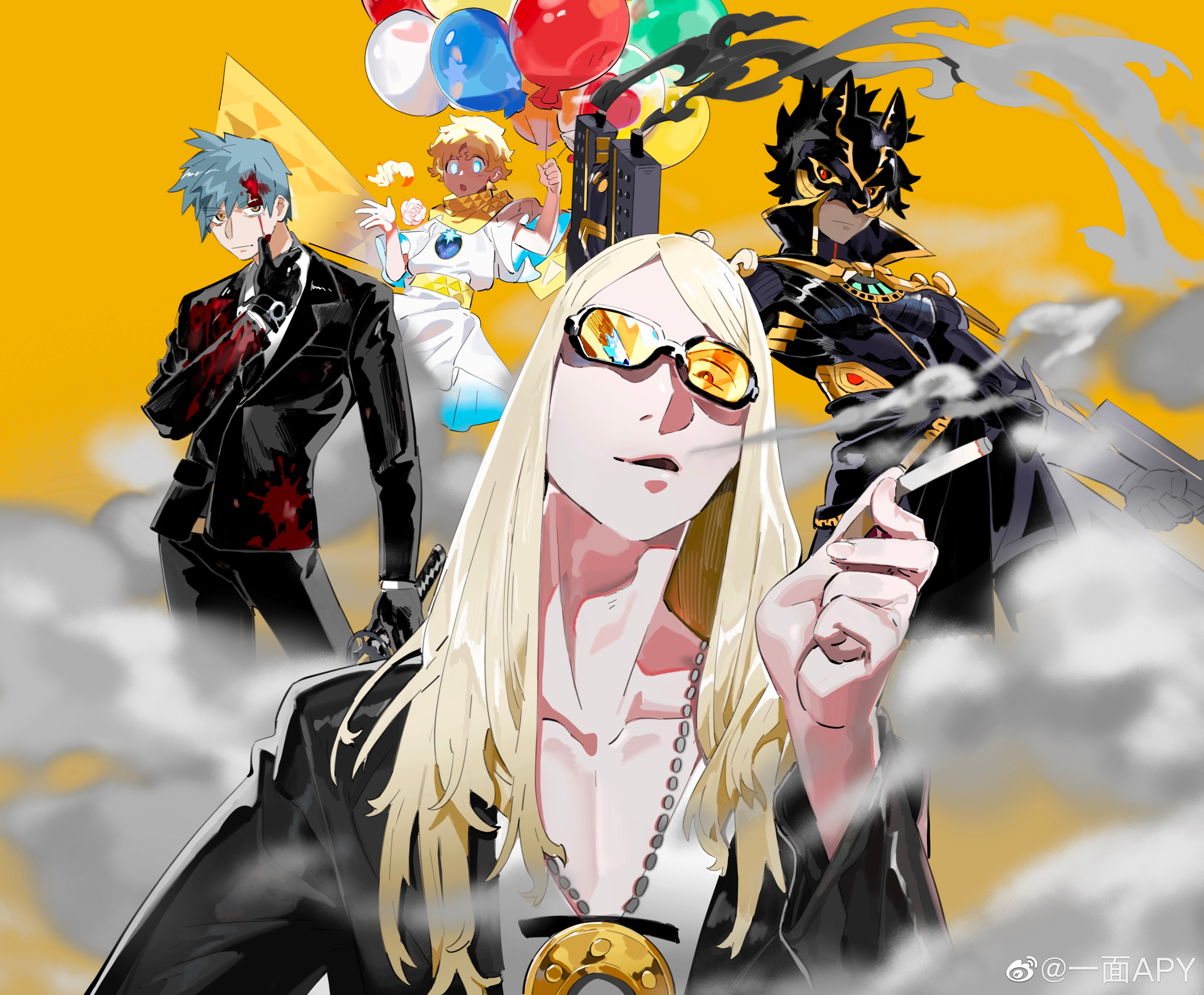apymian, izcalli (fate), saitou hajime (fate), saitou hajime (second ascension) (fate), tezcatlipoca (fate), tezcatlipoca (first ascension) (fate), voyager (fate), fate/grand order, fate (series), absurdres, highres, 4boys, balloon, black gloves, black hair, black pants, black suit, blonde hair, blood, blood on clothes, blood on face, character name, cigarette, closed mouth, flower, formal clothes, fox, gloves, grey hair, gun, holding, holding balloon, holding cigarette, holding gun, holding sword, holding weapon, jewelry, katana, looking at viewer, male focus, mask, multiple boys, necklace, open mouth, pants, scarf, shirt, smoke, smoking, smoking barrel, suit, sunglasses, sword, watermark, weapon, weibo watermark, white shirt, yellow background, yellow scarf
