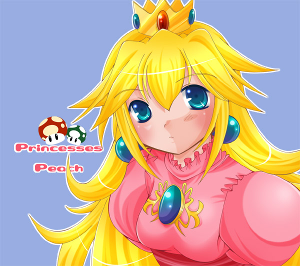 akiiyuuri, princess peach, mario (series), nintendo, 1-up mushroom, 1girl, 1up, blonde hair, blue background, blue eyes, blush, breasts, brooch, crown, dress, earrings, female focus, gem, hair flaps, jewelry, long hair, looking at viewer, mushroom, pink dress, puffy sleeves, simple background, small breasts, solo, super mushroom, text focus, upper body