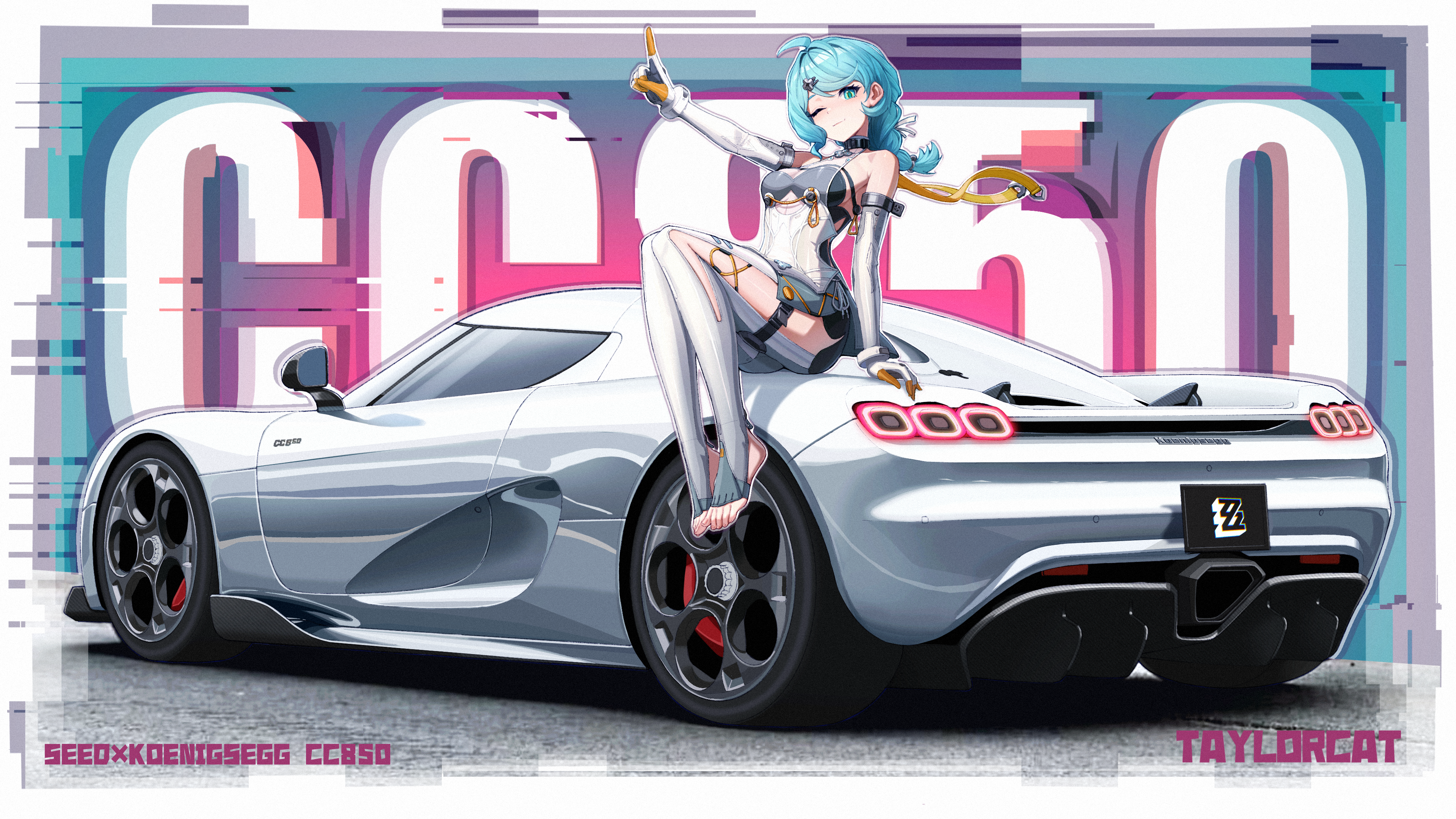 taylorcat, seed (zenless zone zero), zenless zone zero, absurdres, commentary request, highres, partial commentary, procreate (medium), 1girl, ahoge, arm support, artist name, bare shoulders, blue eyes, blue hair, breasts, car, character name, cleavage, closed mouth, clothing cutout, copyright logo, elbow gloves, feet, full body, gloves, hand up, head tilt, index finger raised, koenigsegg (automobile), koenigsegg cc850, legs, long hair, medium breasts, motor vehicle, multicolored gloves, on car, one eye closed, outline, outstretched arm, see-through clothes, side-view mirror, sitting, smile, solo, sports car, stirrup legwear, swept bangs, thigh cutout, thighs, toeless legwear, toes, vehicle name, white outline