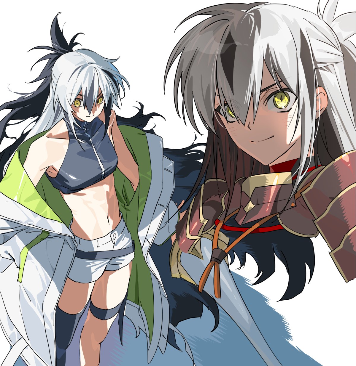 nagao kagetora (fate), uesugi kenshin (second ascension) (fate), fate/grand order, fate (series), highres, 1girl, black hair, crop top, jacket, long hair, midriff, multicolored hair, navel, qkqajrwk, shorts, two-tone hair, white hair, white jacket, white shorts, yellow eyes