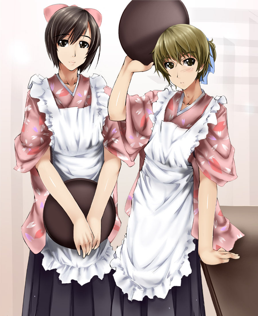 abubu, 2boys, apron, black hair, brown eyes, brown hair, japanese clothes, kimono, male focus, multiple boys, short hair, trap, tray