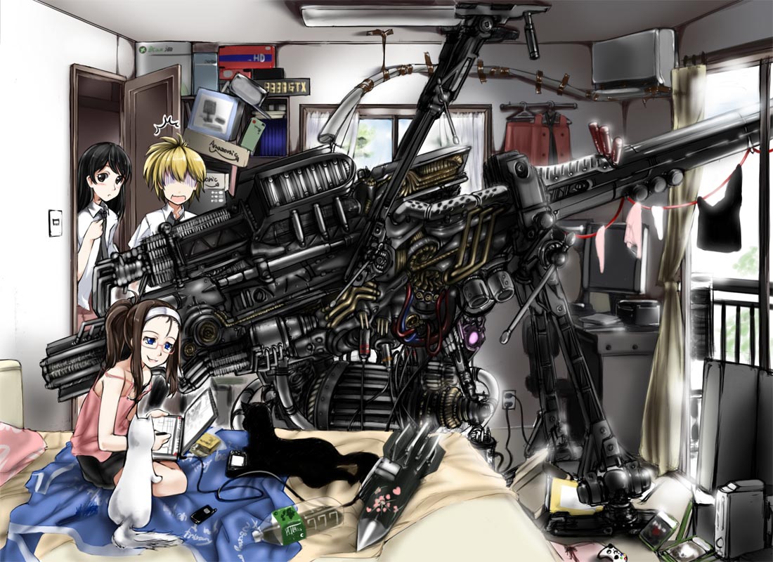 abubu, amazon (company), original, 3girls, bed, black eyes, black hair, blonde hair, blue eyes, brown hair, cat, clothesline, computer, computer keyboard, game console, glasses, gun, hairband, huge weapon, laptop, messy room, multiple girls, nerdgirl, sitting, surprised, weapon, xbox 360