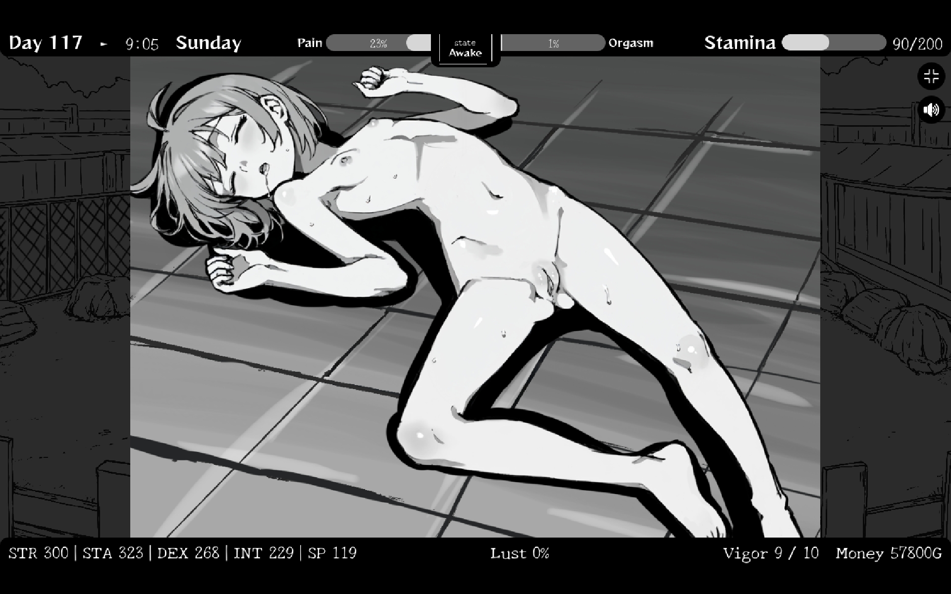 game cg, 1girl, aftersex, drooling, feet, flirting with girls in fantasy world, navel, nipples, nude, pussy, saliva, short hair