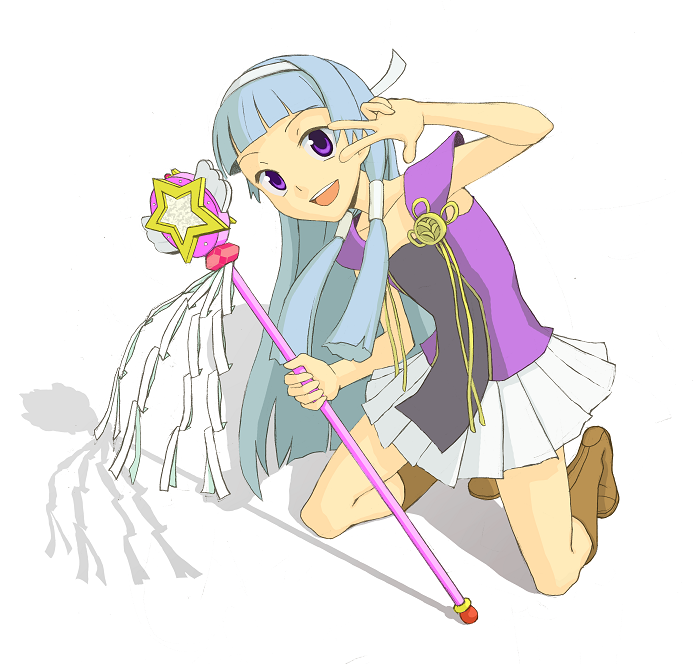 nagi, kannagi, 00s, 1girl, blue hair, blunt bangs, female focus, hair tubes, hairband, long hair, pleated skirt, purple eyes, skirt, solo, wand, white skirt