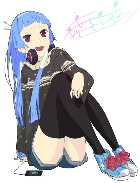 iku ki, nagi, kannagi, 00s, black thighhighs, blue hair, blunt bangs, denim, denim shorts, digital media player, hairband, headphones, headphones around neck, ipod, legs, long hair, open mouth, purple eyes, shoes, shorts, sitting, sneakers, solo, thighhighs