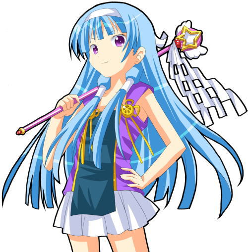 nagi, kannagi, 00s, blue hair, blunt bangs, hair tubes, hairband, long hair, pleated skirt, purple eyes, skirt, solo, wand, white skirt