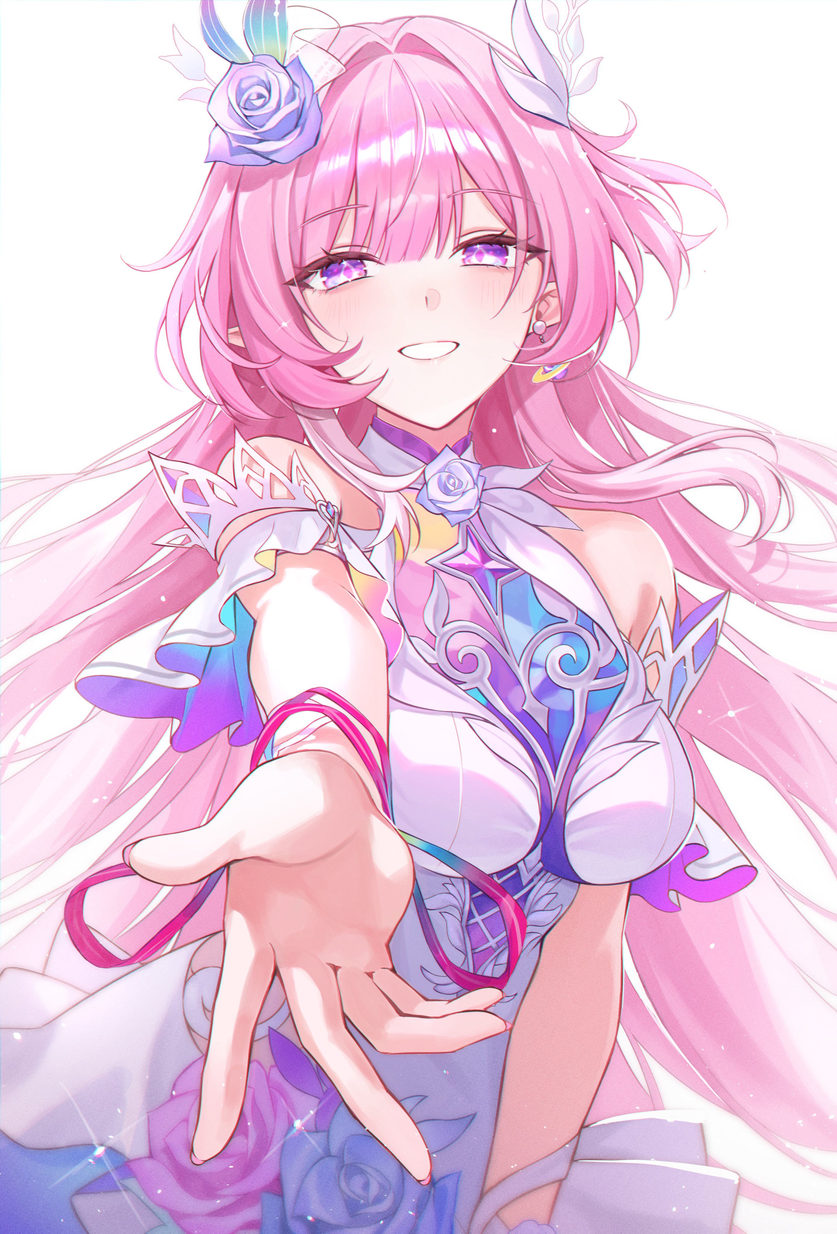 hi irim, cyrene (honkai: star rail), cyrene (ripples of past reverie) (honkai: star rail), honkai: star rail, honkai (series), absurdres, commentary, highres, symbol-only commentary, 1girl, bare shoulders, breasts, diamond-shaped pupils, diamond (shape), flower, hair flower, hair ornament, halo, large breasts, long hair, looking at viewer, pink hair, pointy ears, purple eyes, reaching, reaching towards viewer, simple background, smile, solo, symbol-shaped pupils, very long hair, white background