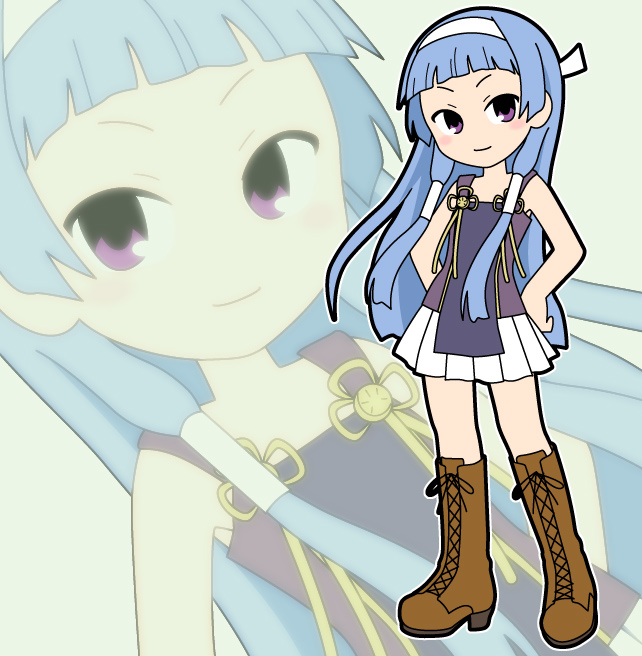 nagi, kannagi, 00s, blue hair, blunt bangs, hair tubes, hairband, long hair, pleated skirt, purple eyes, skirt, solo, white skirt, zoom layer