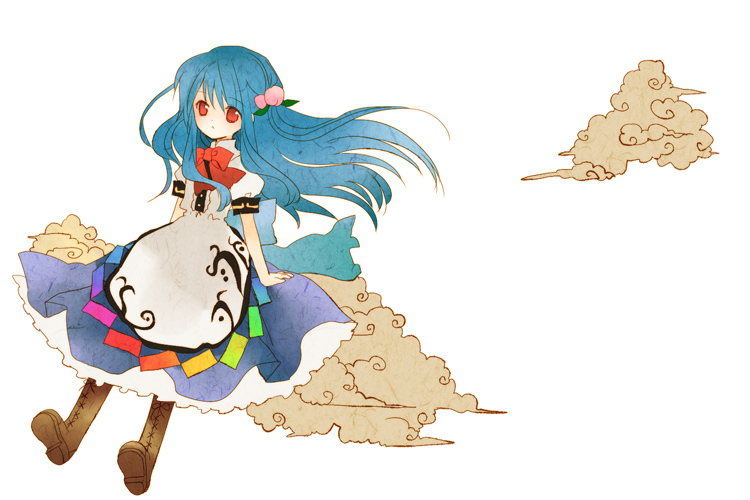 torii sumi, hinanawi tenshi, touhou, 1girl, blue hair, boots, bow, brown boots, cloud, dress, female focus, food, food-themed hair ornament, fruit, fruit hair ornament, hair ornament, lace-up boots, long hair, no headwear, peach, red eyes, ribbon, solo, white background