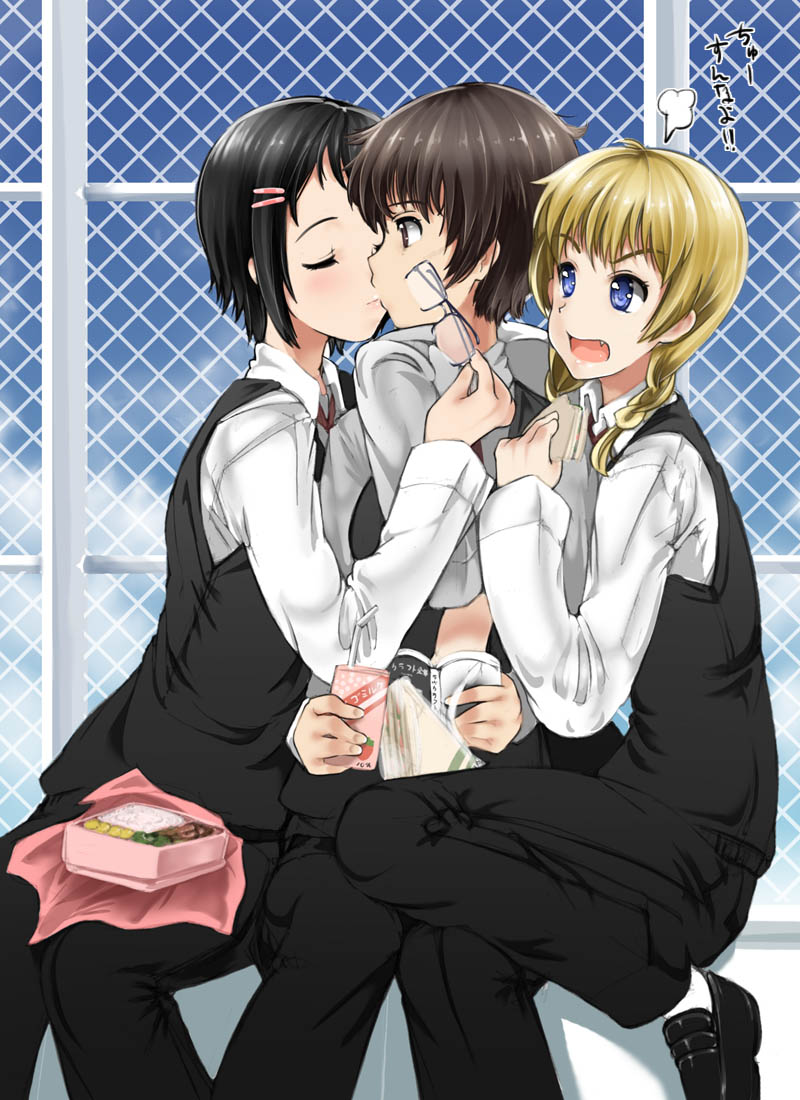 abubu, original, 3girls, black hair, blonde hair, blue eyes, closed eyes, fang, glasses, hair ornament, hairclip, kiss, multiple girls, outdoors, sitting, sky, unworn eyewear, yuri