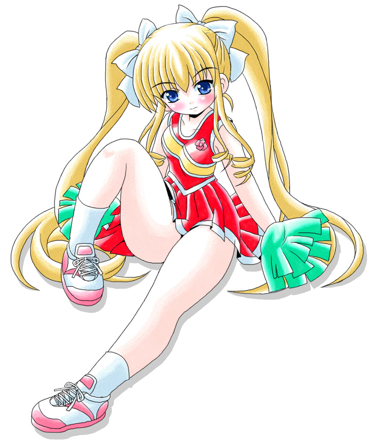 imai kazunari, shinku, rozen maiden, 00s, blonde hair, blue eyes, blush, cheerleader, hair ribbon, long hair, panties, pantyshot, pom pom (cheerleading), ribbon, shoes, sneakers, socks, solo, twintails, underwear
