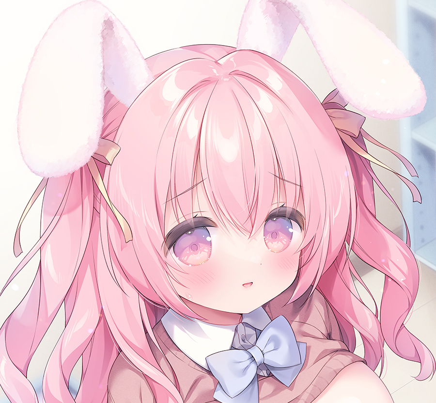 usashiro mani, sakura (usashiro mani), original, commentary request, 1girl, animal ears, blue bow, blurry, blurry background, bow, breasts, brown sweater, clothes lift, collared shirt, depth of field, dress shirt, hair bow, large breasts, long hair, looking at viewer, out of frame, pink eyes, pink hair, rabbit ears, school uniform, shirt, smile, solo, sweater, sweater lift, two side up, upper body, white shirt, wooden floor, yellow bow
