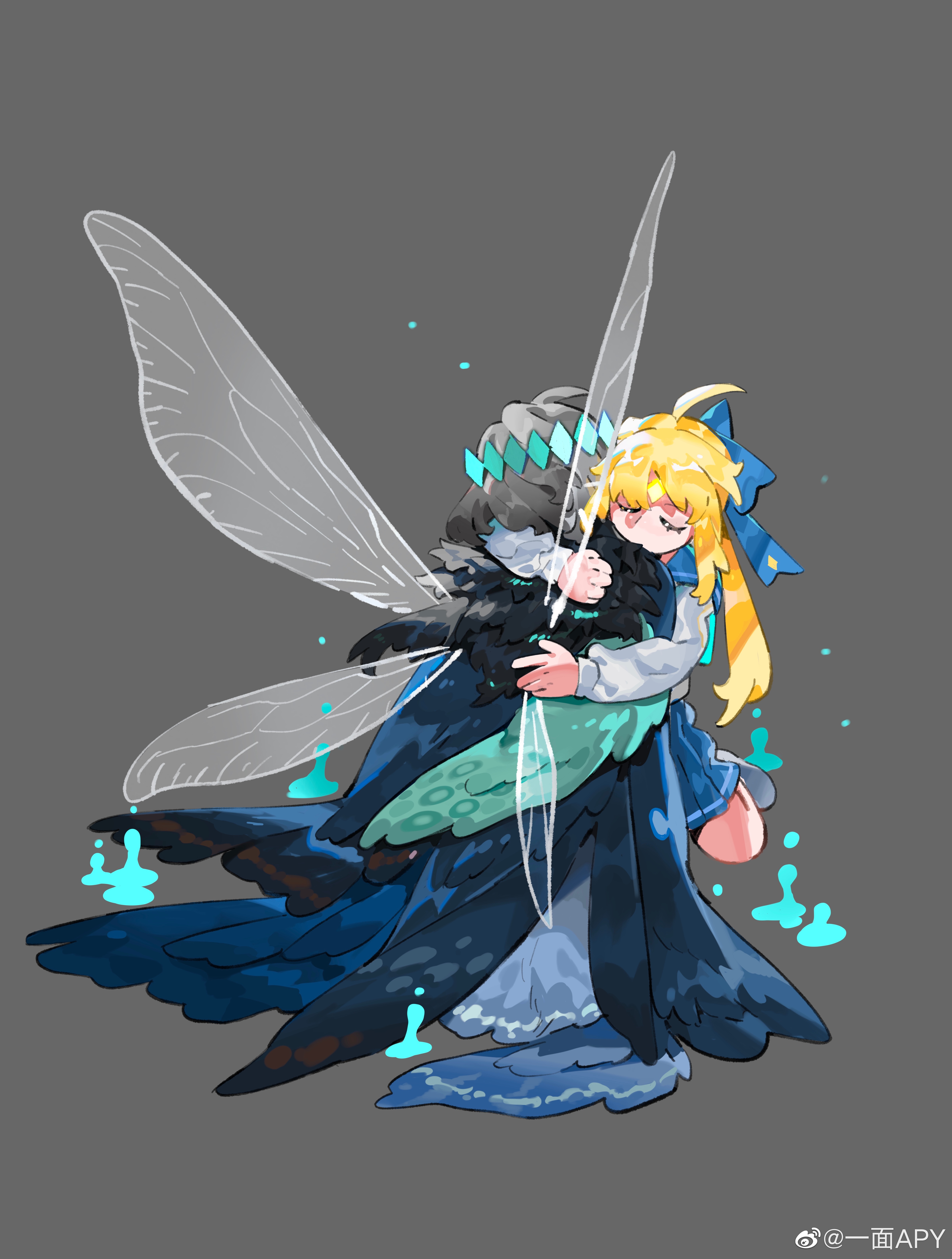 apymian, artoria caster (fate), artoria caster (third ascension) (fate), artoria pendragon (fate), oberon (fate), oberon (third ascension) (fate), fate/grand order, fate (series), absurdres, chinese commentary, commentary request, highres, 1boy, 1girl, blonde hair, blue sailor collar, blue skirt, bow, cape, dragonfly wings, fur-trimmed cape, fur trim, grey background, grey hair, hair bow, hug, sailor collar, shirt, skirt, watermark, weibo watermark, white shirt