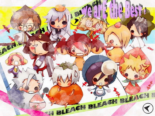 bleach, keroro gunsou, 00s, 2girls, 6+boys, chibi, copyright name, english text, everyone, food, fruit, multiple boys, multiple girls