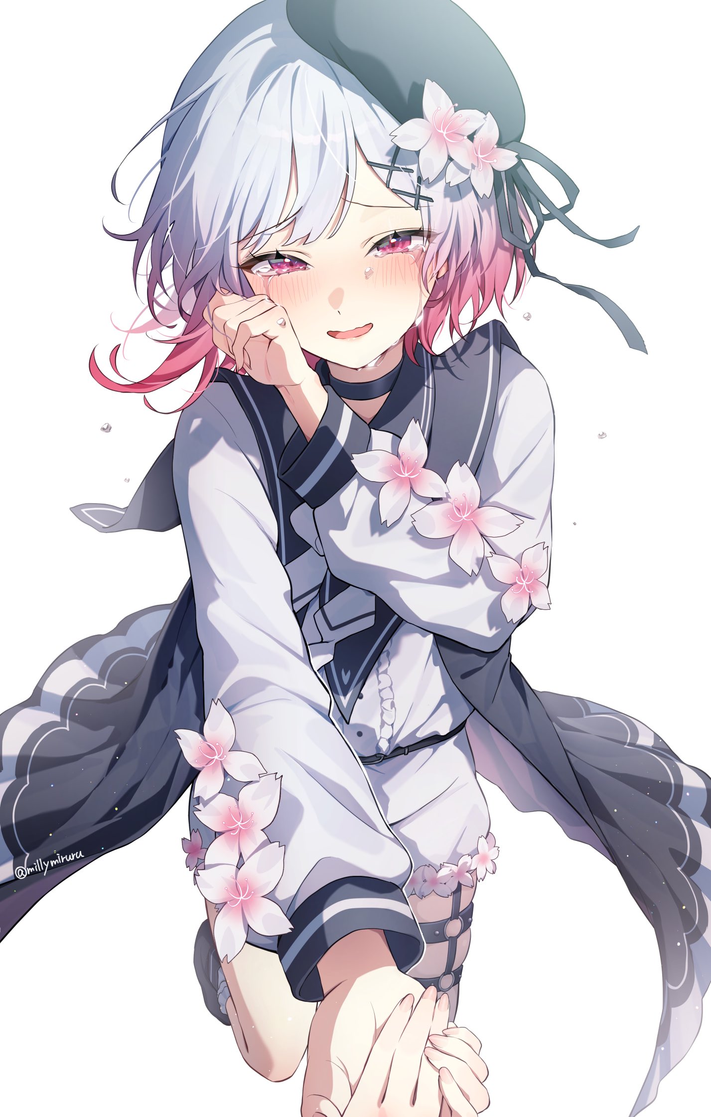maruta (shummylass), sakuraba ema, mahou shoujo no majo saiban, highres, 1girl, 1other, beret, black dress, black hat, blush, crying, crying with eyes open, dress, flower, gradient hair, hair flower, hair ornament, hat, long sleeves, multicolored hair, pink hair, shirt, short hair, simple background, tears, twitter username, white background, white flower, white hair, white shirt, x hair ornament