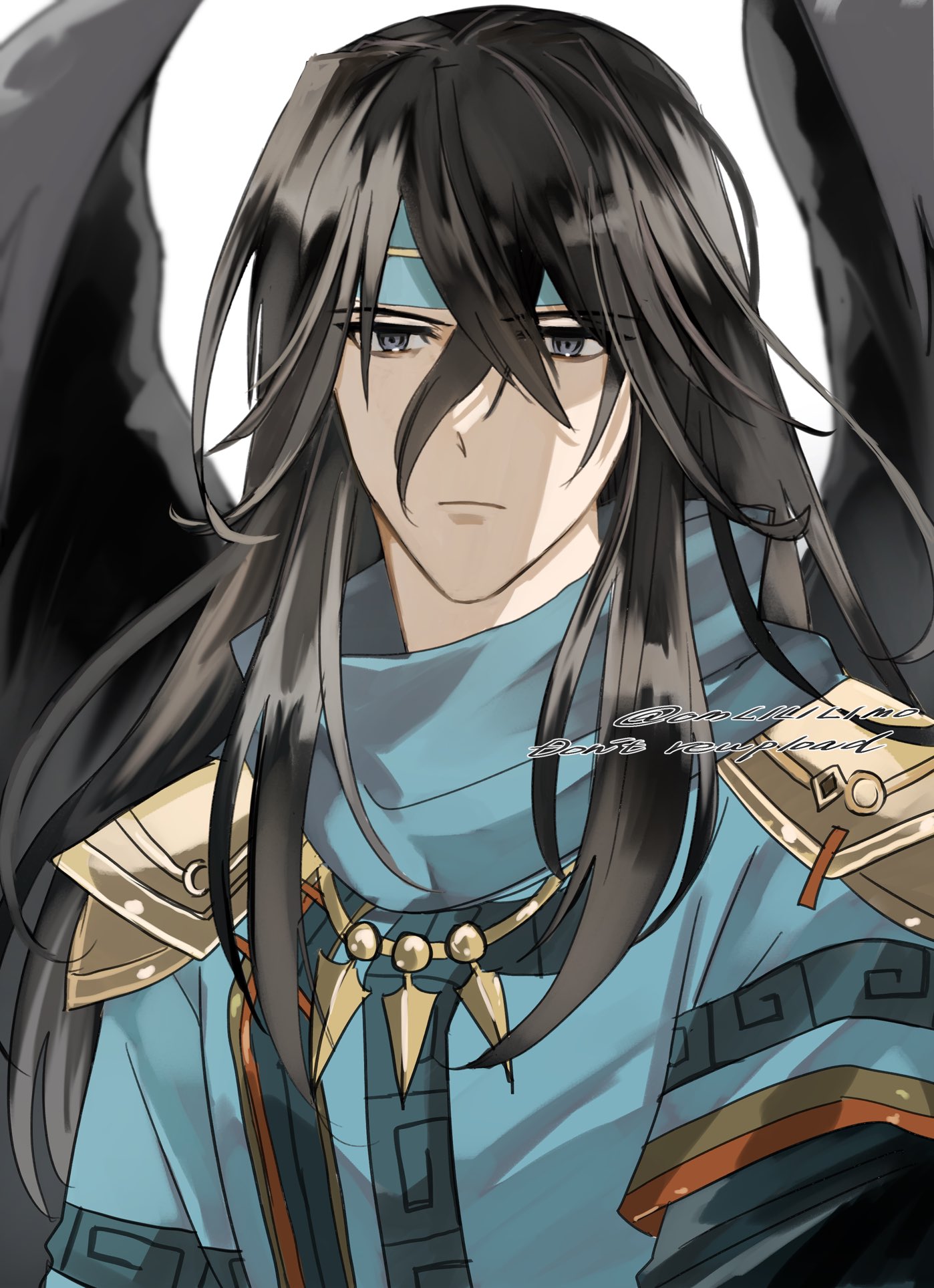 omlililimo, fire emblem, fire emblem shadows, nintendo, highres, 1boy, armor, black hair, black wings, blue headband, blue tunic, closed mouth, grey eyes, hair between eyes, headband, looking at viewer, male focus, shoulder armor, simple background, solo, tunic, upper body, white background, wings, zasha (fire emblem)