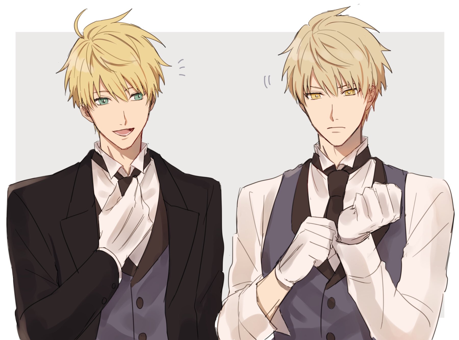 arthur pendragon (fate), arthur pendragon alter (fate), fate/grand order, fate (series), highres, non-web source, 2boys, ahoge, black jacket, black necktie, blonde hair, border, buttons, closed mouth, dual persona, formal clothes, gloves, green eyes, grey background, hair between eyes, hand up, hands up, jacket, lapels, long sleeves, looking at another, looking at viewer, male focus, multiple boys, necktie, notice lines, open clothes, open jacket, open mouth, outside border, purple vest, short hair, simple background, smile, somano, suit, suit jacket, teeth, upper body, v-shaped eyebrows, vest, white border, white gloves, yellow eyes