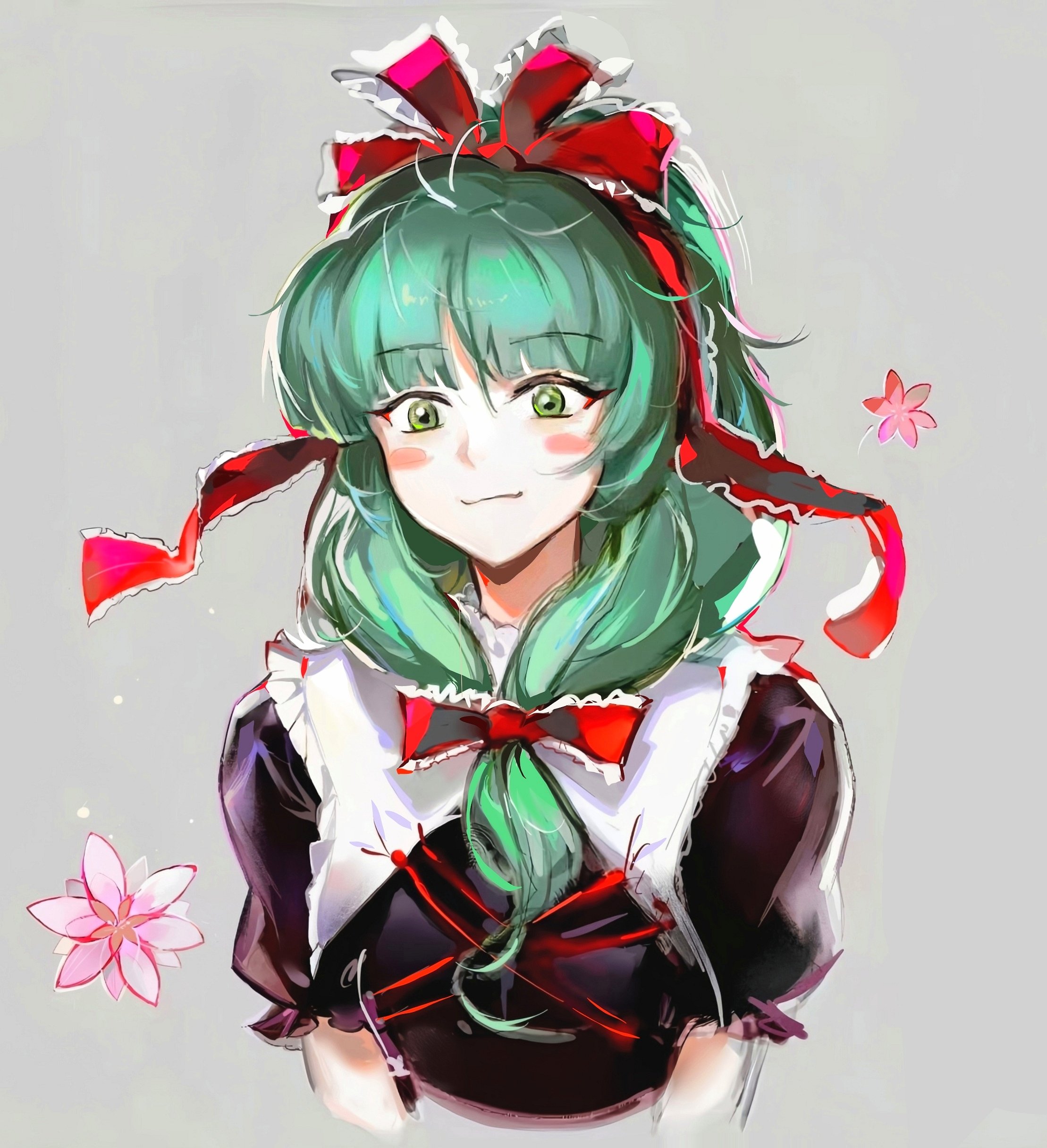 gu yue yuan, kagiyama hina, mountain of faith, touhou, absurdres, chinese commentary, commentary request, highres, 1girl, arms at sides, black shirt, blush stickers, bow, closed mouth, cropped torso, danmaku, facing viewer, flower, frilled bow, frills, front ponytail, green eyes, green hair, grey background, hair bow, long hair, looking ahead, loose hair strand, middle part, official style, parody, pink flower, puffy short sleeves, puffy sleeves, puritan collar, red bow, shirt, short sleeves, simple background, smile, solo, style parody, x (symbol), zun (style)