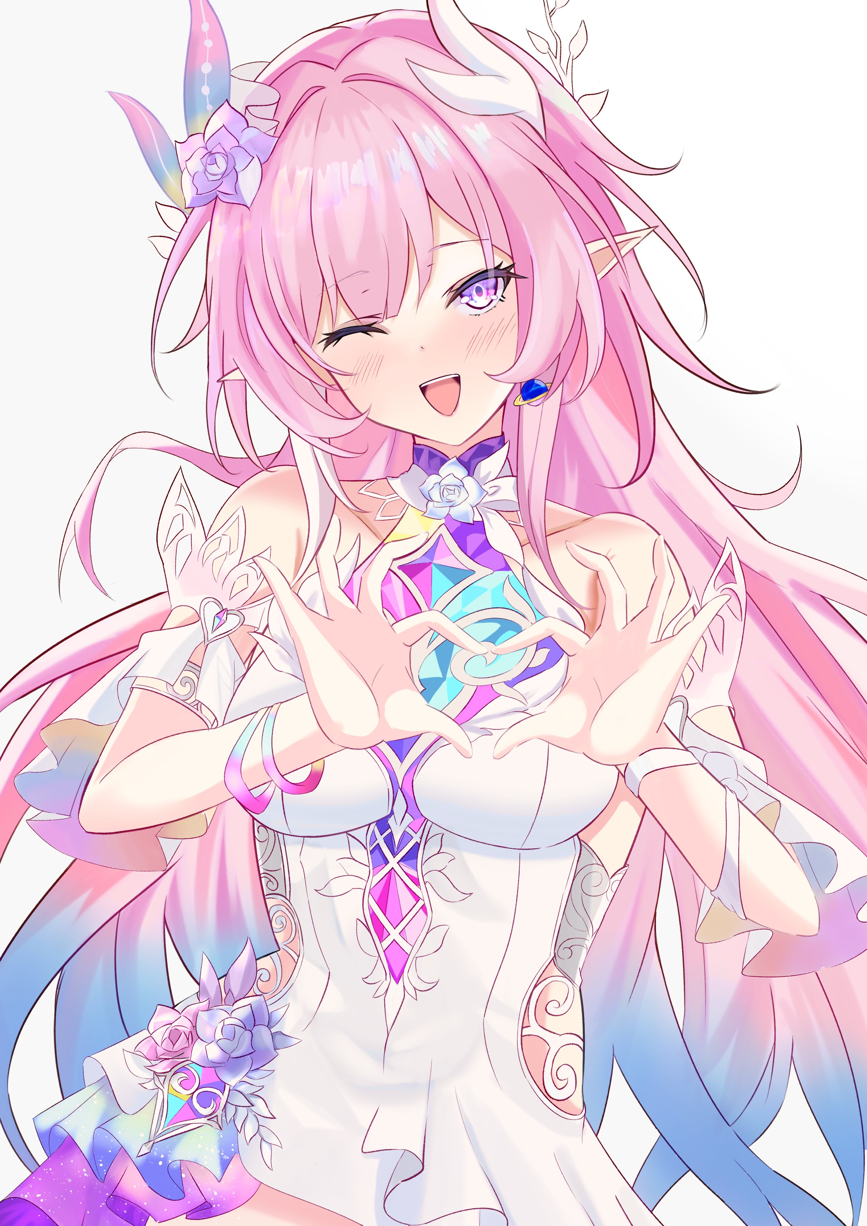 nekka (87398o9514), cyrene (honkai: star rail), cyrene (ripples of past reverie) (honkai: star rail), honkai: star rail, honkai (series), absurdres, commentary request, highres, 1girl, ;o, aqua hair, bare shoulders, breasts, clothing cutout, diamond-shaped pupils, diamond (shape), dress, earrings, flower, four-finger heart hands, gradient hair, hair flower, hair ornament, halo, heart, heart hands, jewelry, large breasts, long hair, multicolored hair, one eye closed, pink hair, pointy ears, purple eyes, side cutout, smile, solo, symbol-shaped pupils, two-tone hair, very long hair, white dress