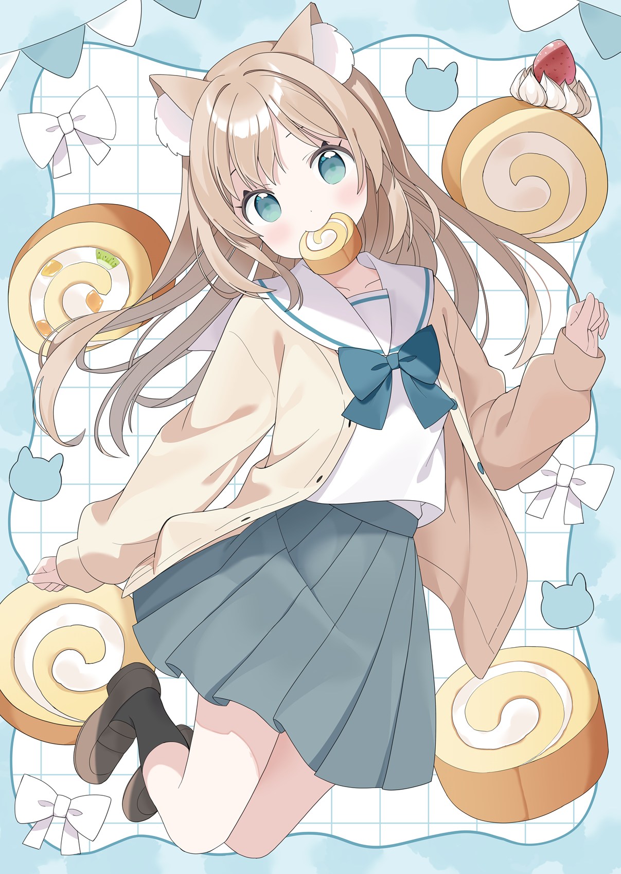 tantan men (dragon), original, commentary request, highres, 1girl, black socks, blue bow, blue skirt, bow, brown cardigan, brown hair, brown shoes, cake, cardigan, food, food in mouth, fruit, full body, grid background, head tilt, loafers, long hair, long sleeves, looking at viewer, mouth hold, open cardigan, open clothes, pennant, pleated skirt, puffy long sleeves, puffy sleeves, sailor collar, school uniform, serafuku, shirt, shoes, skirt, sleeves past wrists, socks, solo, strawberry, string of flags, swiss roll, very long hair, white background, white bow, white sailor collar, white shirt