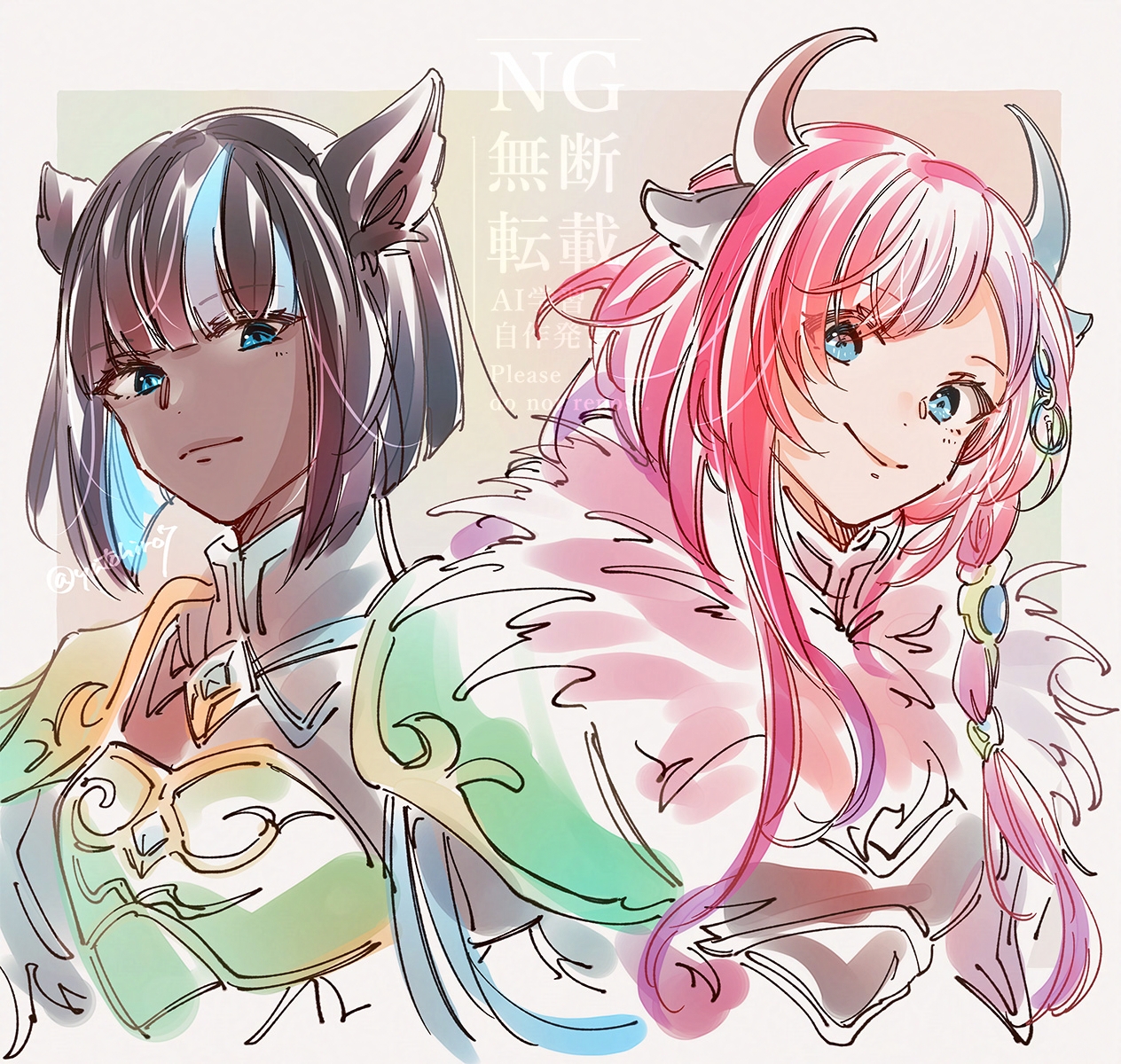 yutohiroya, fire emblem, fire emblem shadows, nintendo, highres, 2girls, alberta (fire emblem), animal ear fluff, animal ears, armor, black hair, blue eyes, blue hair, breastplate, breasts, carina (fire emblem), closed mouth, colored inner hair, cow ears, cow girl, cow horns, dark-skinned female, dark skin, fur scarf, fur trim, hair ornament, horns, long hair, looking at viewer, medium breasts, multicolored hair, multiple girls, pink hair, red hair, short hair, simple background, smile, tunic, upper body