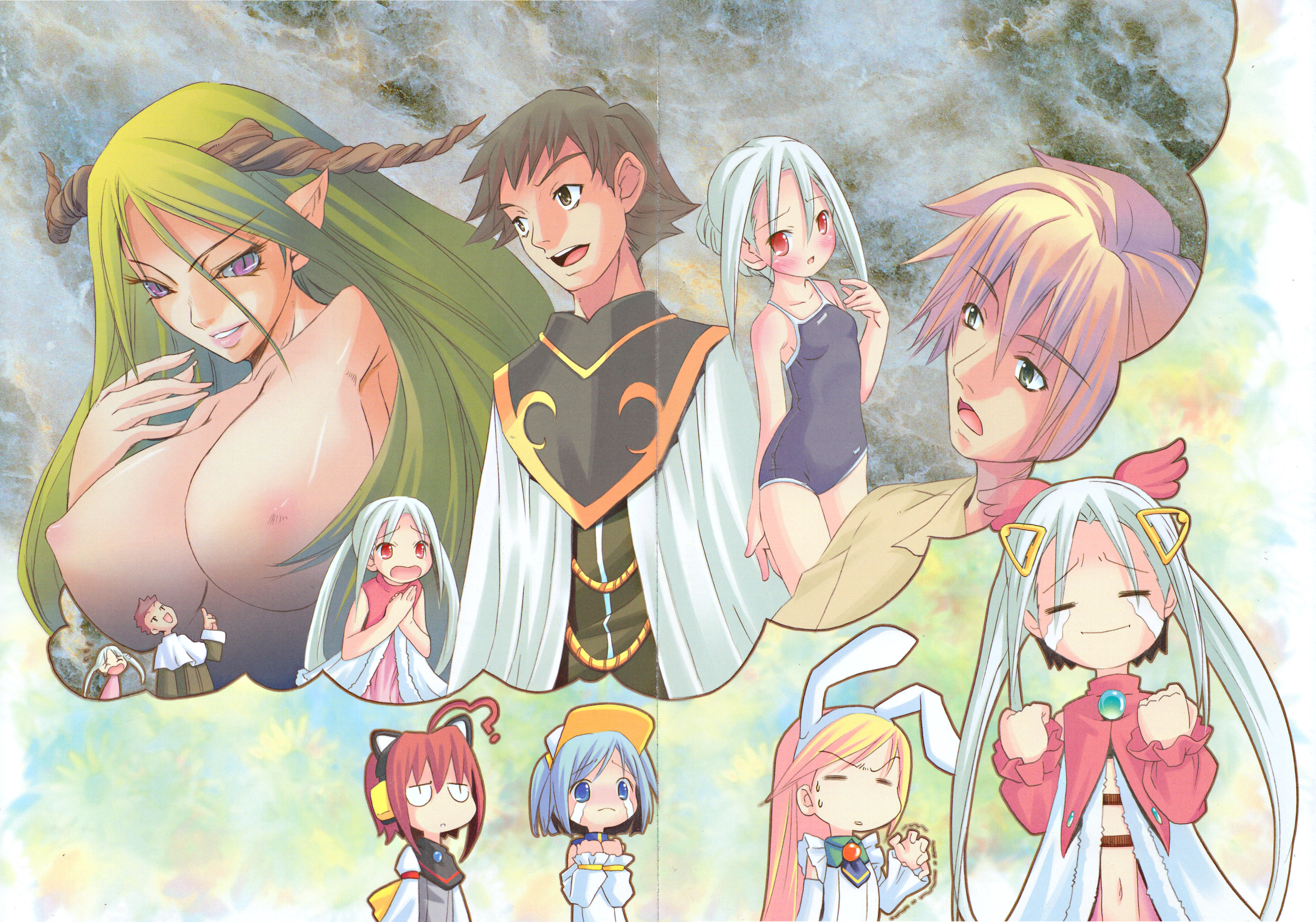 pop, ah-kun, kuroi sumi, nijihara ink, pastel ink, shiratori arisu, tempera sumi, moetan, absurdres, highres, huge filesize, 00s, 3boys, 5girls, breast envy, breasts, confused, green hair, horns, huge breasts, imagining, lips, multiple boys, multiple girls, nipples, one-piece swimsuit, smile, swimsuit, tears