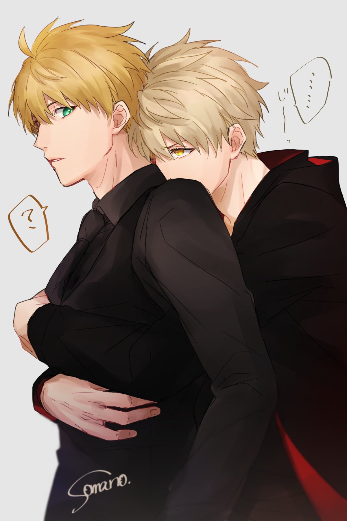arthur pendragon (fate), arthur pendragon alter (fate), fate/grand order, fate (series), highres, non-web source, …, 2boys, ?, ahoge, artist name, black hoodie, black necktie, black shirt, black vest, blonde hair, collared shirt, covered mouth, dual persona, fingernails, formal clothes, green eyes, hair between eyes, hood, hoodie, hug, hug from behind, long sleeves, looking at another, male focus, multiple boys, necktie, selfcest, shirt, short hair, simple background, somano, speech bubble, spoken ellipsis, spoken question mark, teeth, v-shaped eyebrows, vest, white background, yaoi, yellow eyes