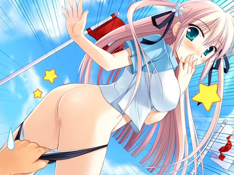 miyasu risa, sonoo koo, koibito doushi de suru koto zenbu, game cg, non-web source, 1girl, ass, assisted exposure, blue eyes, blush, bottomless, buruma, buruma pull, censored, clothes pull, cloud, day, embarrassed, flag, long hair, looking back, mosaic censoring, numbered flag, panties, pantsing, panty pull, pink hair, pulling another's clothes, raglan sleeves, sky, solo focus, star (symbol), surprised, sweatdrop, twintails, underwear