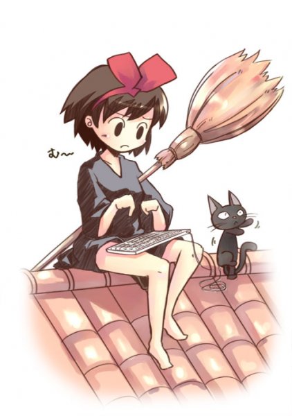 furai, jiji (majo no takkyuubin), kiki (majo no takkyuubin), majo no takkyuubin, studio ghibli, 1980s (style), bad id, bad pixiv id, barefoot, black cat, bow, broom, cat, computer keyboard, hair bow, keyboard, oldschool, retro artstyle, solo, witch
