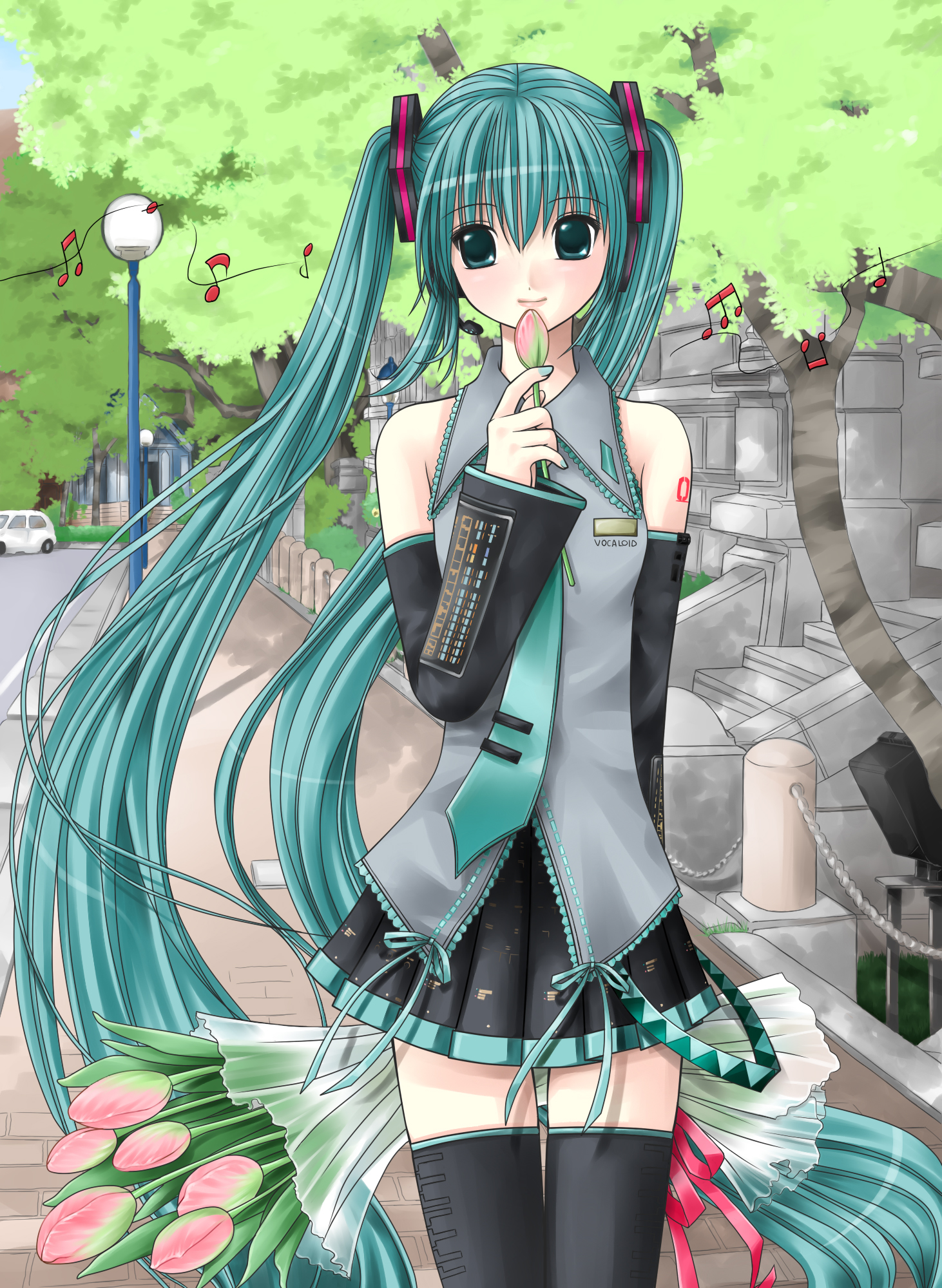 kuroinu, hatsune miku, vocaloid, highres, 1girl, aqua eyes, aqua hair, beamed quavers, bouquet, bow, detached sleeves, female focus, flower, headphones, headset, lamppost, long hair, looking at viewer, microphone, musical note, necktie, outdoors, quaver, ribbon, skirt, solo, stairs, thighhighs, tree, tulip, twintails, zettai ryouiki