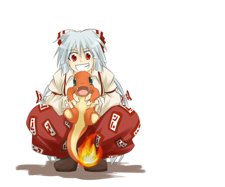 makoto (pixiv), makoto jon, charmander, fujiwara no mokou, nintendo, pokemon, touhou, 1girl, bow, crossover, fire, flame-tipped tail, gen 1 pokemon, grin, hair bow, multiple hair bows, pokemon (creature), power connection, red eyes, simple background, smile, squatting, tail, white background, white hair
