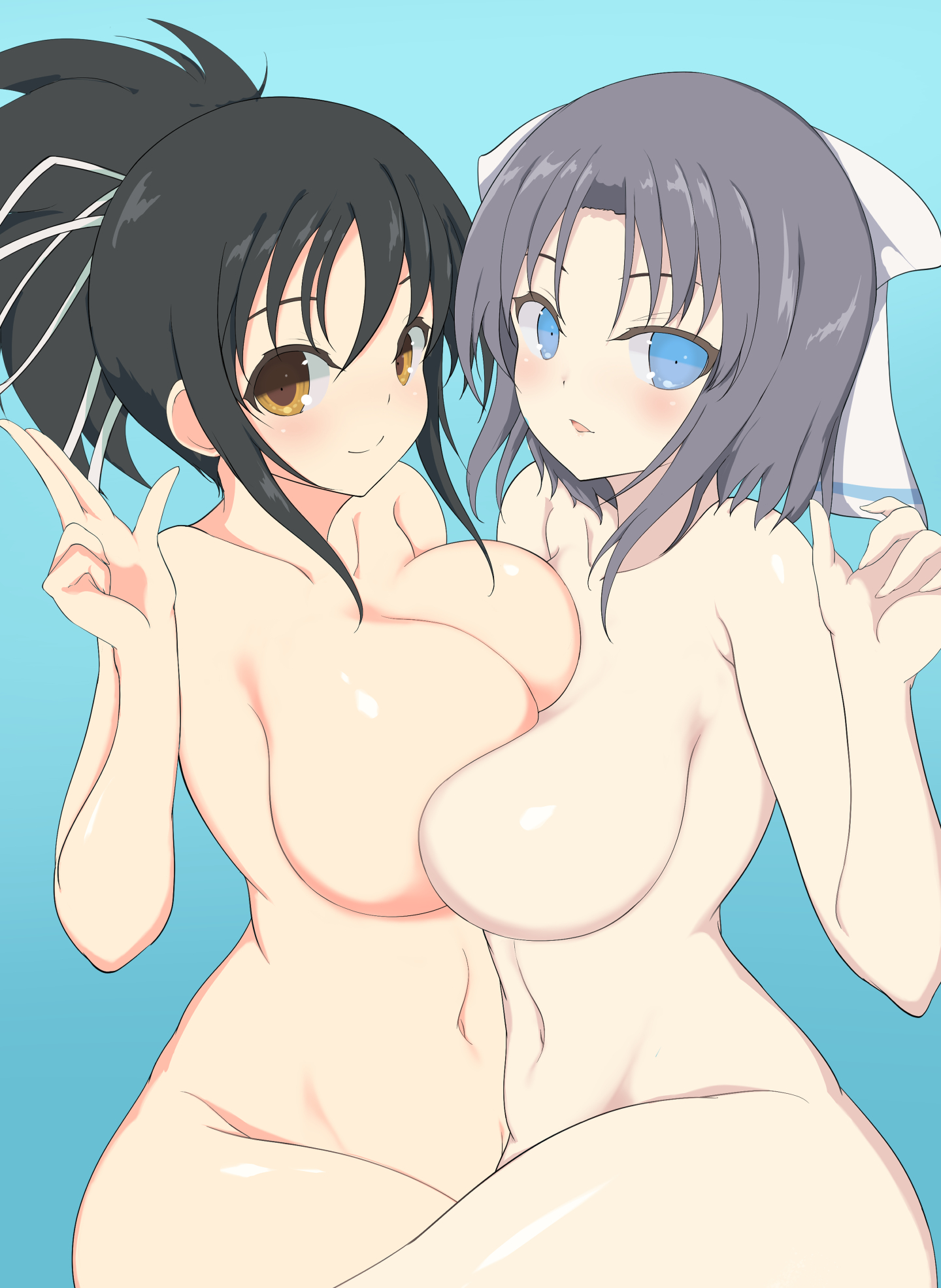 ashino255, asuka (senran kagura), yumi (senran kagura), senran kagura, highres, 2girls, armpits, black hair, blue background, blue eyes, blush, breast press, breasts, brown eyes, cleavage, collarbone, completely nude, grey hair, hair ribbon, hand up, implied tribadism, large breasts, long hair, looking at viewer, multiple girls, navel, nude, ponytail, ribbon, short hair, simple background, smile, stomach, symmetrical docking, thighs, tribadism, yuri