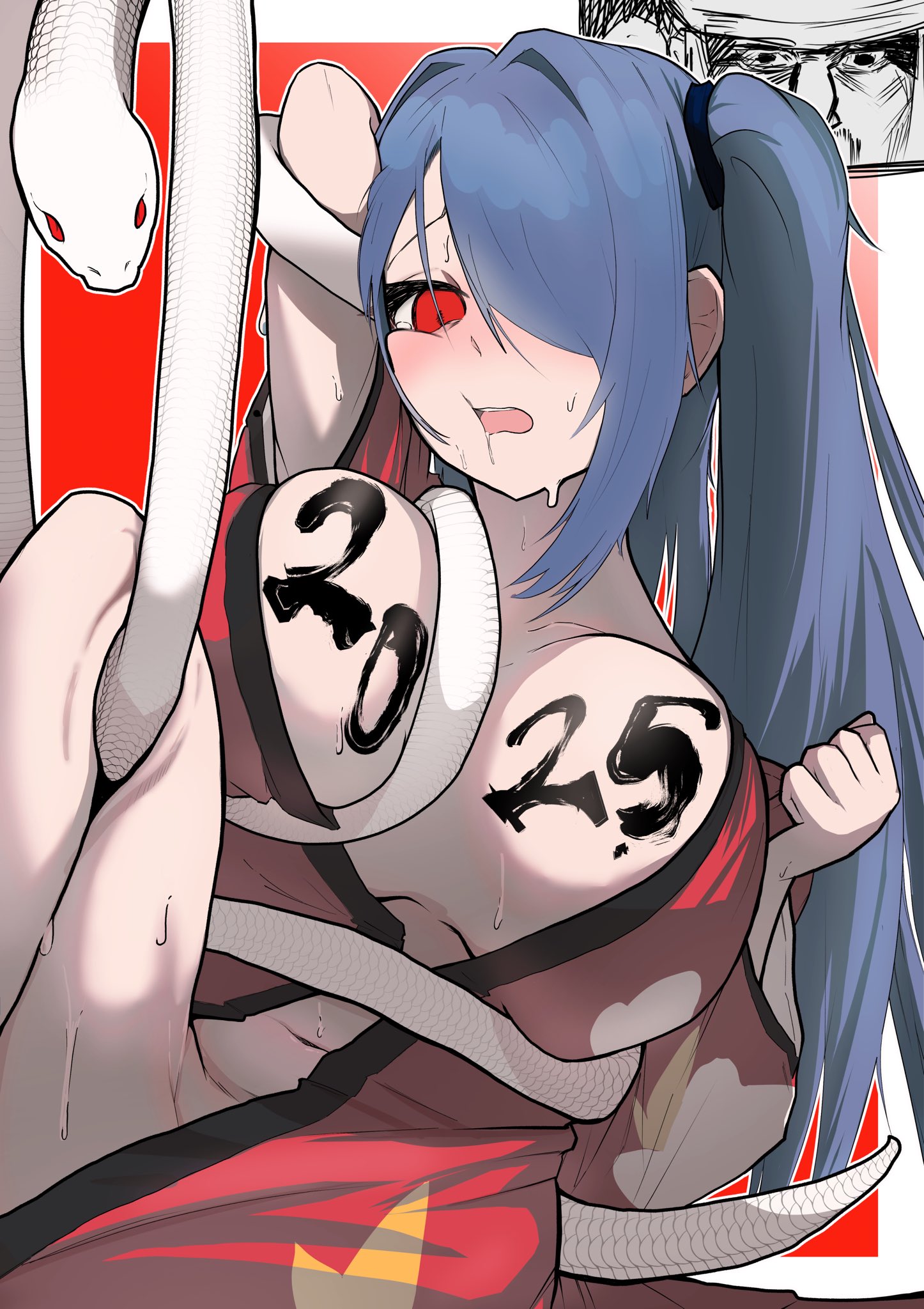 meraikiko, original, commentary, highres, making-of available, 1girl, 2025, blue hair, blush, body writing, borrowed character, breasts, cheek press, chinese zodiac, furrowed brow, hair over one eye, japanese clothes, kimono, large breasts, nanami (kyoukitobe), one side up, open clothes, open kimono, open mouth, red eyes, red kimono, snake, snake wrapped around body, sweat, white snake, year of the snake