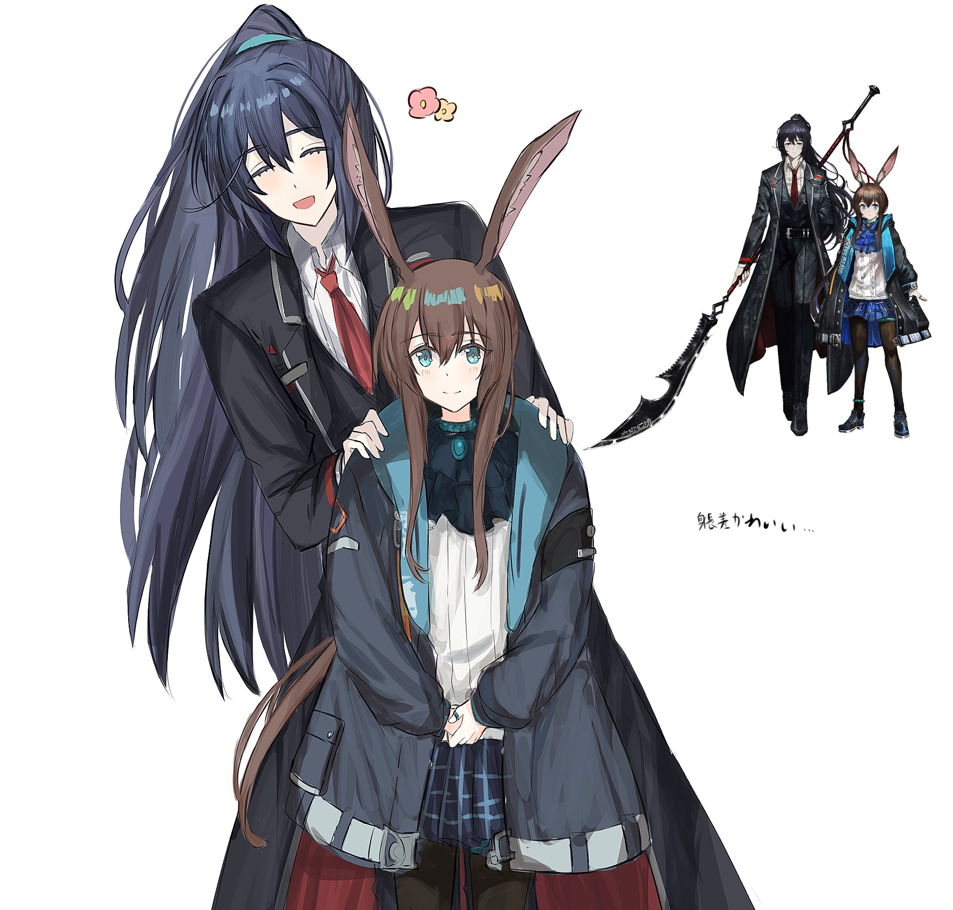 amiya (arknights), hong lu (project moon), arknights, limbus company, project moon, highres, 1boy, 1girl, animal ears, blue eyes, brown hair, height difference, long hair, purin01desu, rabbit ears, smile, white background