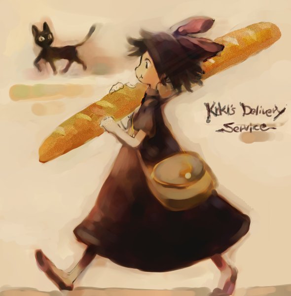 jiji (majo no takkyuubin), kiki (majo no takkyuubin), majo no takkyuubin, studio ghibli, 1980s (style), baguette, black cat, bow, bread, cat, eating, food, hair bow, oldschool, retro artstyle, solo