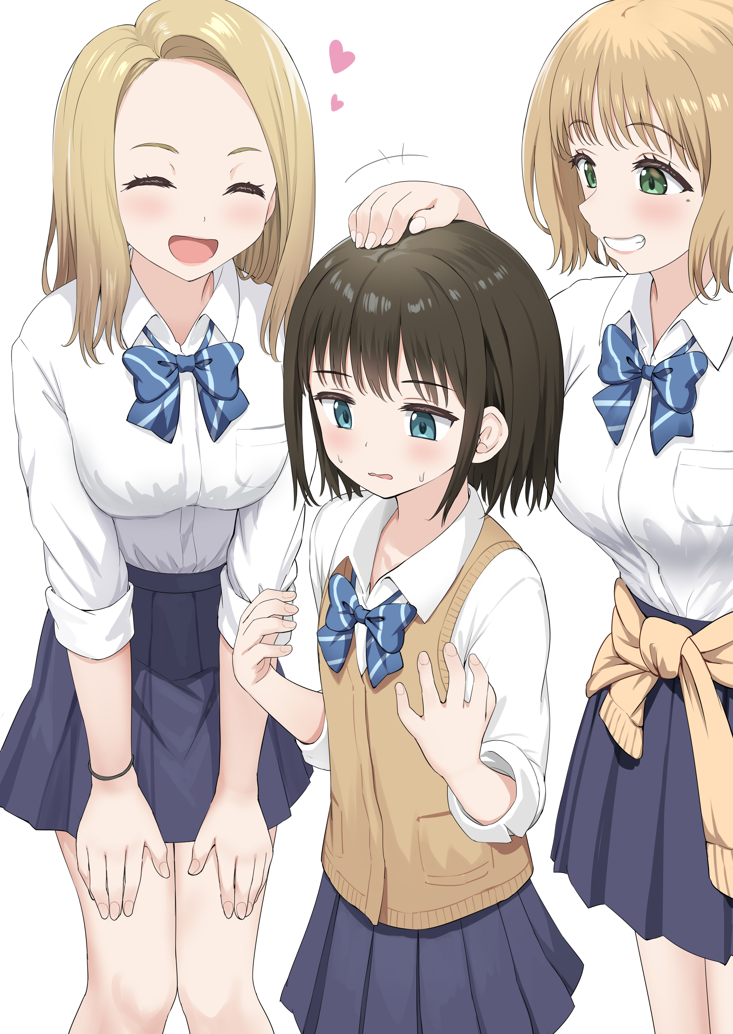 nedia (nedia region), original, absurdres, highres, +++, 3girls, black hair, blonde hair, blue bow, blue eyes, blue skirt, bow, breast envy, breasts, brown cardigan, cardigan, cardigan around waist, cardigan vest, clothes around waist, collared shirt, diagonal-striped bow, dress shirt, forehead, green eyes, headpat, heart, large breasts, long sleeves, multiple girls, pleated skirt, school uniform, shirt, simple background, skirt, striped bow, white background, white shirt