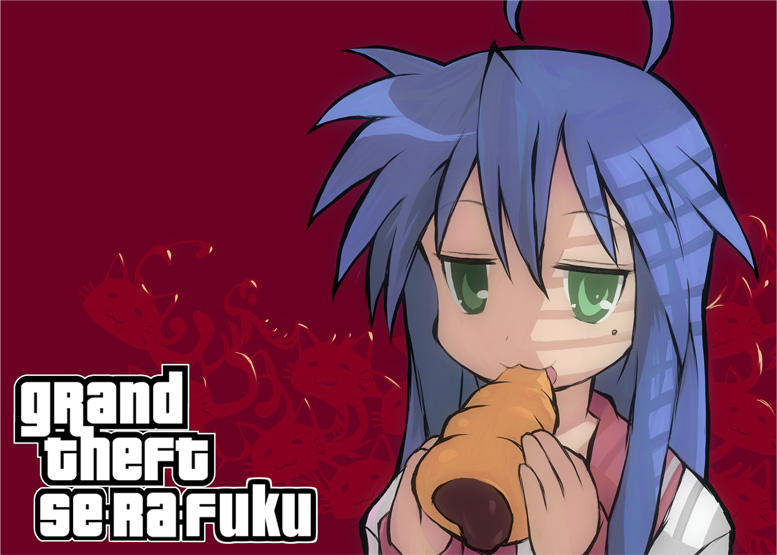 kusobaka, izumi konata, grand theft auto, lucky star, rockstar, bad id, bad pixiv id, 1girl, :3, ahoge, blue hair, cat, chocolate cornet, eating, female focus, food, green eyes, holding, holding food, mole, mole under eye, parody, school uniform, serafuku, solo