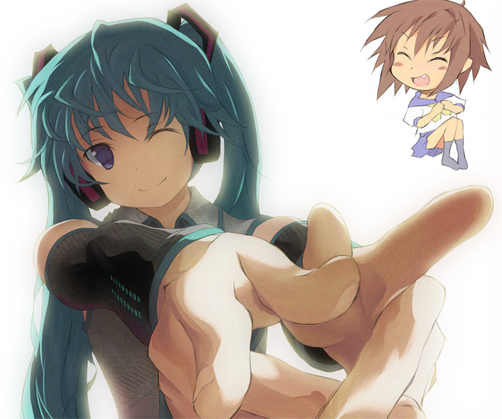 kusobaka, hatsune miku, kusakabe misao, lucky star, vocaloid, bad id, bad pixiv id, 00s, 2girls, aqua hair, blue eyes, detached sleeves, foreshortening, headphones, multiple girls, one eye closed, pointing, school uniform, serafuku, socks, twintails, wink