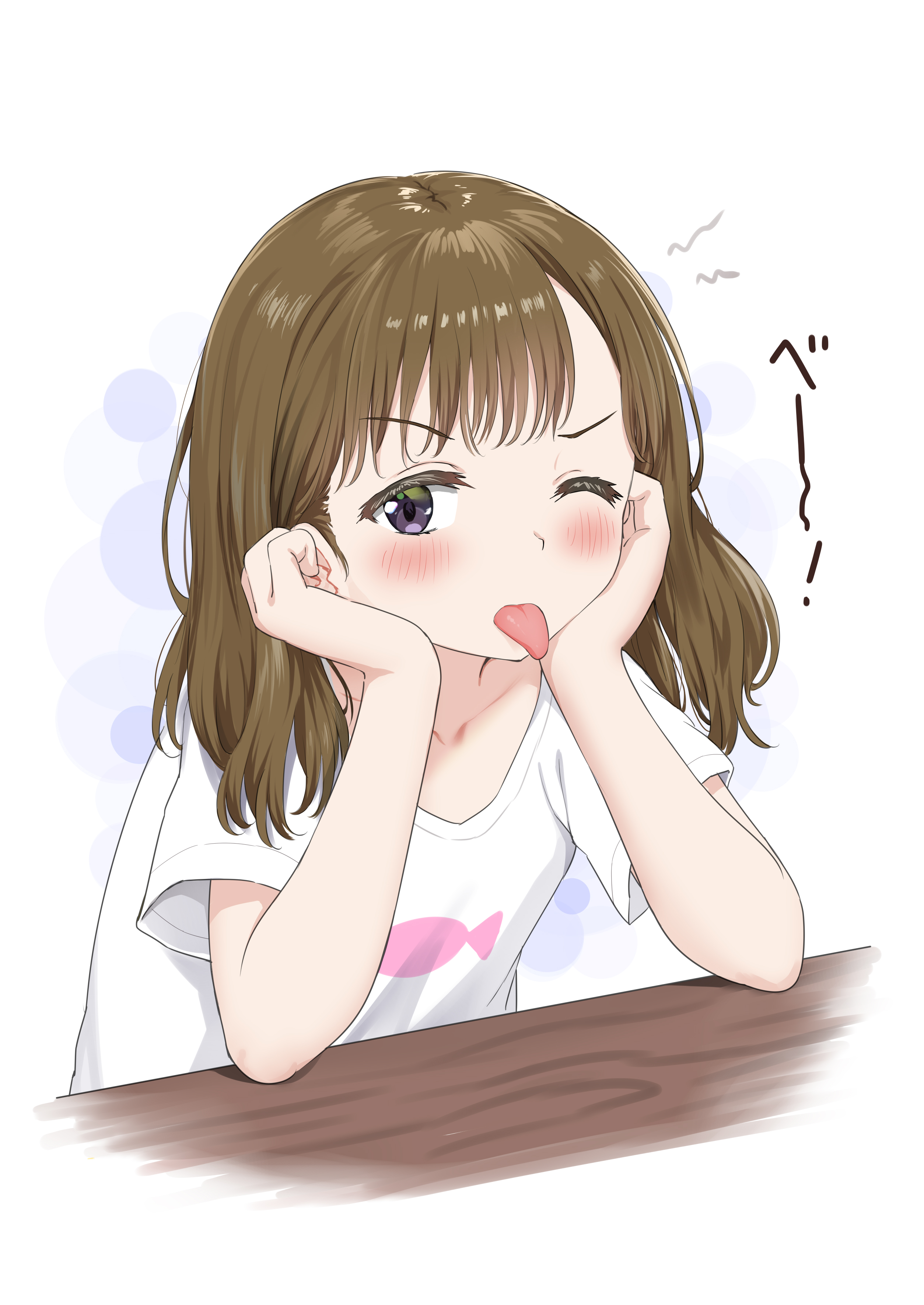 nedia (nedia region), original, absurdres, highres, translation request, 1girl, blush, brown hair, closed mouth, collarbone, hands up, looking at viewer, one eye closed, purple eyes, shirt, short sleeves, solo, tongue, tongue out, upper body, white background, white shirt