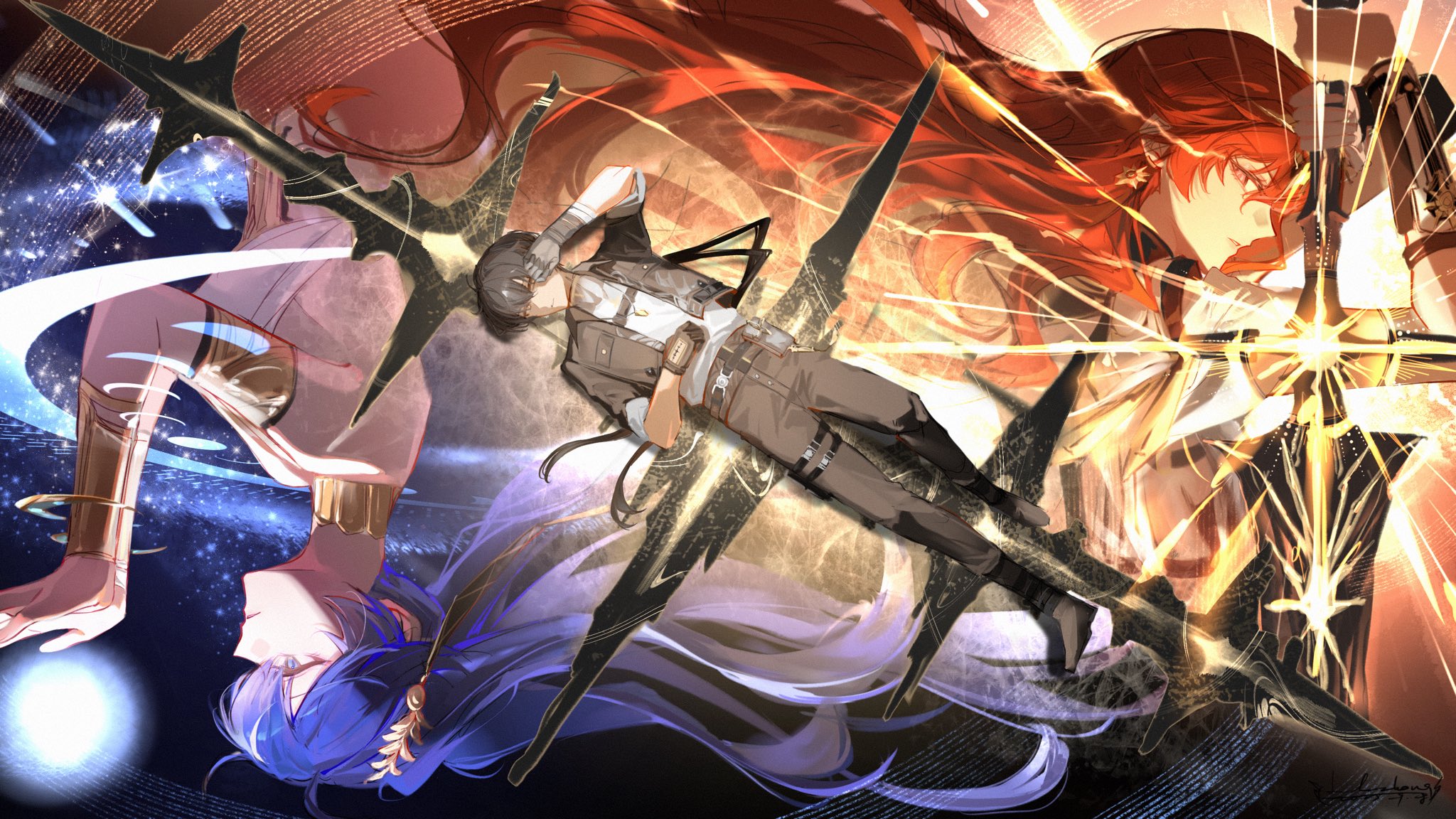 linlinzhong, augusta (wuthering waves), iuno (wuthering waves), male rover (wuthering waves), rover (wuthering waves), wuthering waves, commentary, highres, symbol-only commentary, 1boy, 2girls, arm armor, armlet, bare shoulders, black gloves, black hair, black jacket, black pants, blue hair, earrings, gloves, greatsword, grey shirt, holding, holding sword, holding weapon, jacket, jewelry, laurel crown, long hair, looking at viewer, multiple girls, orange eyes, orange hair, pants, shirt, sun earrings, sword, tacet mark (wuthering waves), vambraces, weapon