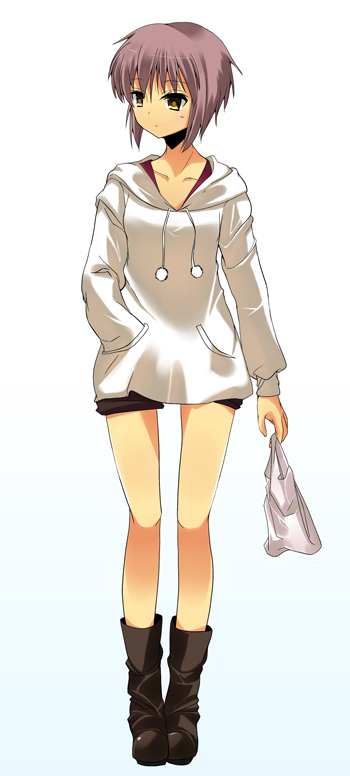 amaa (chou dennou jidai), saratosozyu, nagato yuki, suzumiya haruhi no yuuutsu, bad id, bad pixiv id, 00s, bag, boots, casual, handbag, hood, hoodie, purple hair, short hair, shorts, solo, yellow eyes