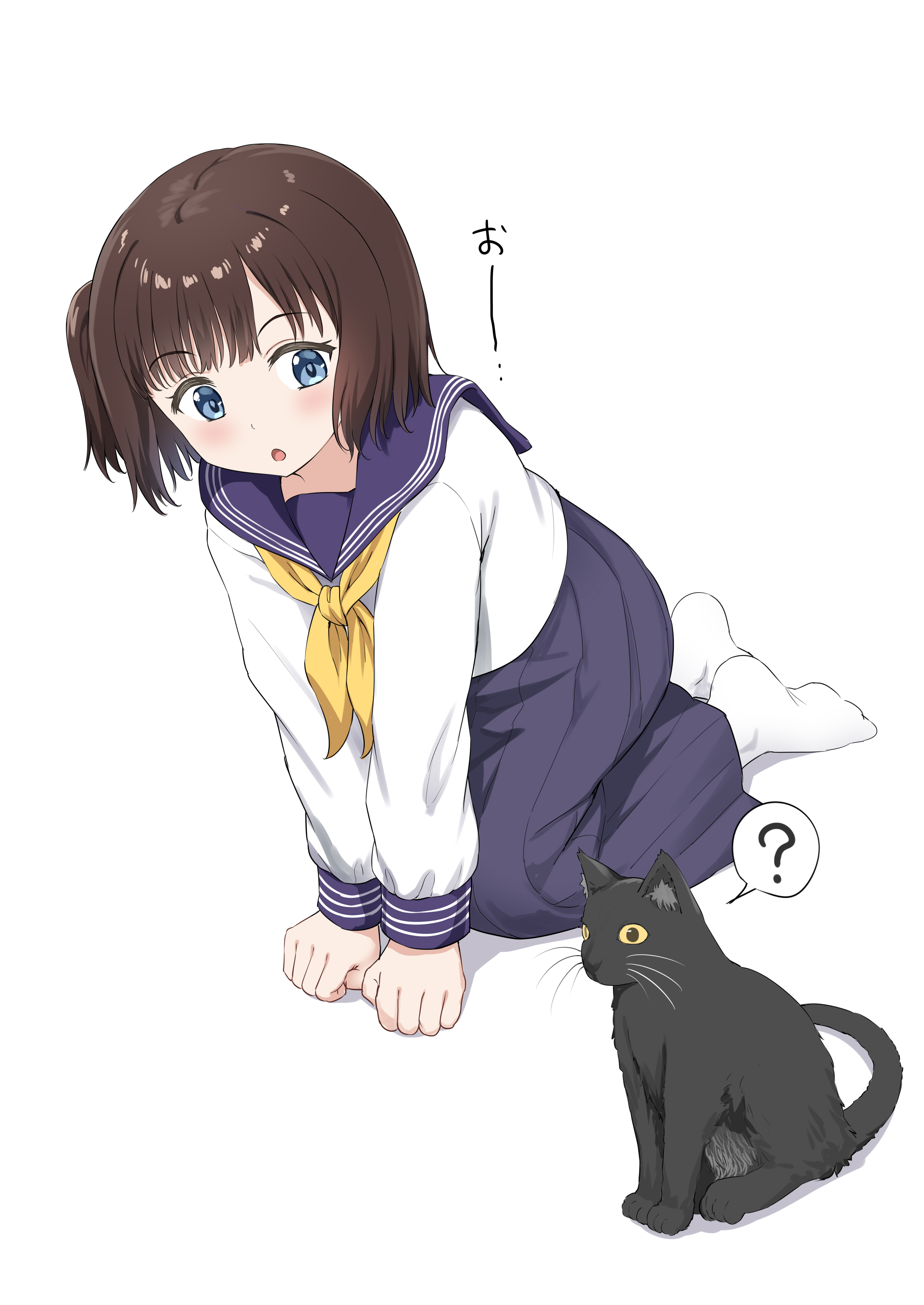 nedia (nedia region), original, absurdres, highres, translation request, 1girl, ?, animal, black cat, blue eyes, blue sailor collar, blue skirt, brown hair, cat, long sleeves, neckerchief, no shoes, one side up, pleated skirt, puffy long sleeves, puffy sleeves, sailor collar, school uniform, serafuku, shirt, simple background, skirt, socks, solo, spoken question mark, white background, white shirt, white socks, yellow neckerchief