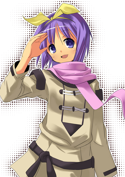 amaa (chou dennou jidai), saratosozyu, hiiragi tsukasa, lucky star, bad id, bad pixiv id, 00s, blue eyes, coat, purple hair, ribbon, scarf, short hair, solo