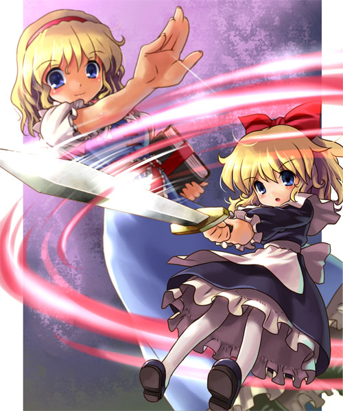 katahira masashi, alice margatroid, shanghai doll, touhou, 2girls, blonde hair, blue eyes, book, bow, female focus, hair ribbon, hairband, long hair, multiple girls, pantyhose, ribbon, short hair, socks, solo, string, sword, weapon