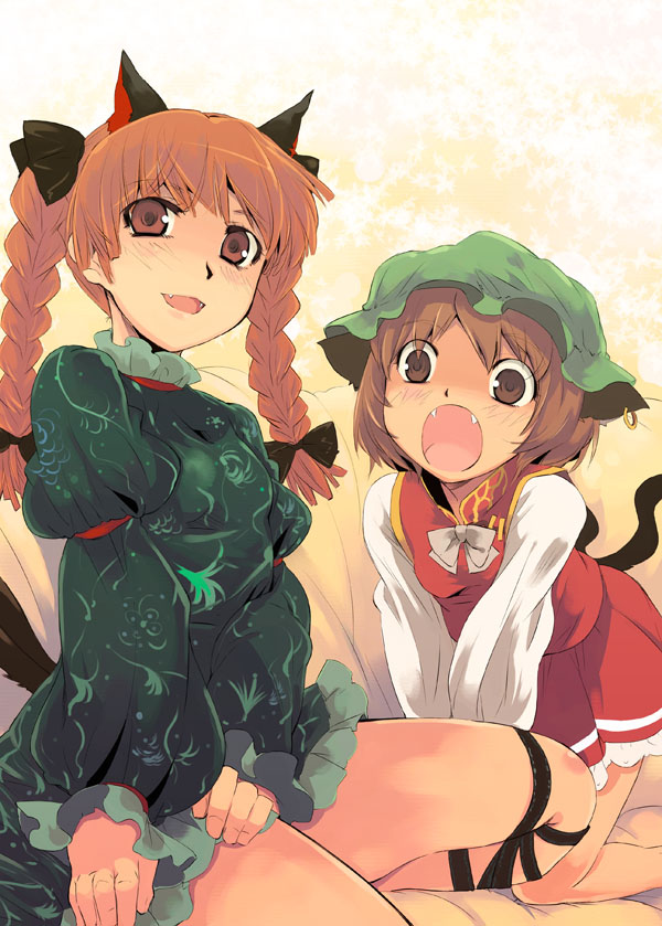 yuu (kfc), chen, kaenbyou rin, touhou, 2girls, :o, animal ears, bow, braid, brown eyes, brown hair, cat ears, cat girl, cat tail, earrings, fang, fangs, female focus, hair ribbon, hat, jewelry, multiple girls, multiple tails, open mouth, red hair, ribbon, short hair, tail, twin braids, twintails