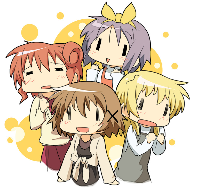 ixy, hiiragi tsukasa, hiro (hidamari sketch), miyako (hidamari sketch), yuno (hidamari sketch), hidamari sketch, lucky star, 00s, blonde hair, brown hair, long hair, red hair, wide face