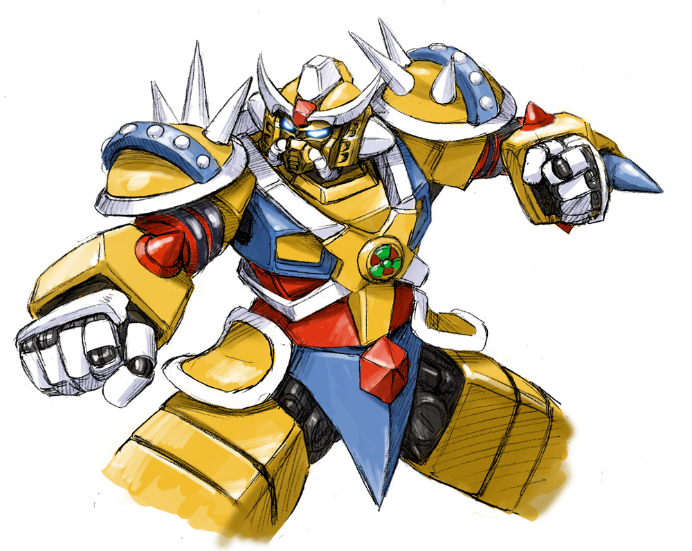aniki gunsou, chinese gundam, gundam, traditional media, blue eyes, clenched hands, fighting stance, glowing, glowing eyes, humanoid robot, joints, looking to the side, mask, mecha, mouth mask, no humans, no pupils, radiation symbol, robot, robot joints, shoulder spikes, simple background, spikes, v-fin, white background