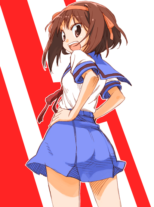 mikami komata, mikami konu, suzumiya haruhi, suzumiya haruhi no yuuutsu, 00s, 1girl, ass, brown eyes, brown hair, female focus, from behind, hair ribbon, hairband, hands on own hips, hip focus, looking back, open mouth, ribbon, school uniform, serafuku, short hair, skirt, solo, wide hips