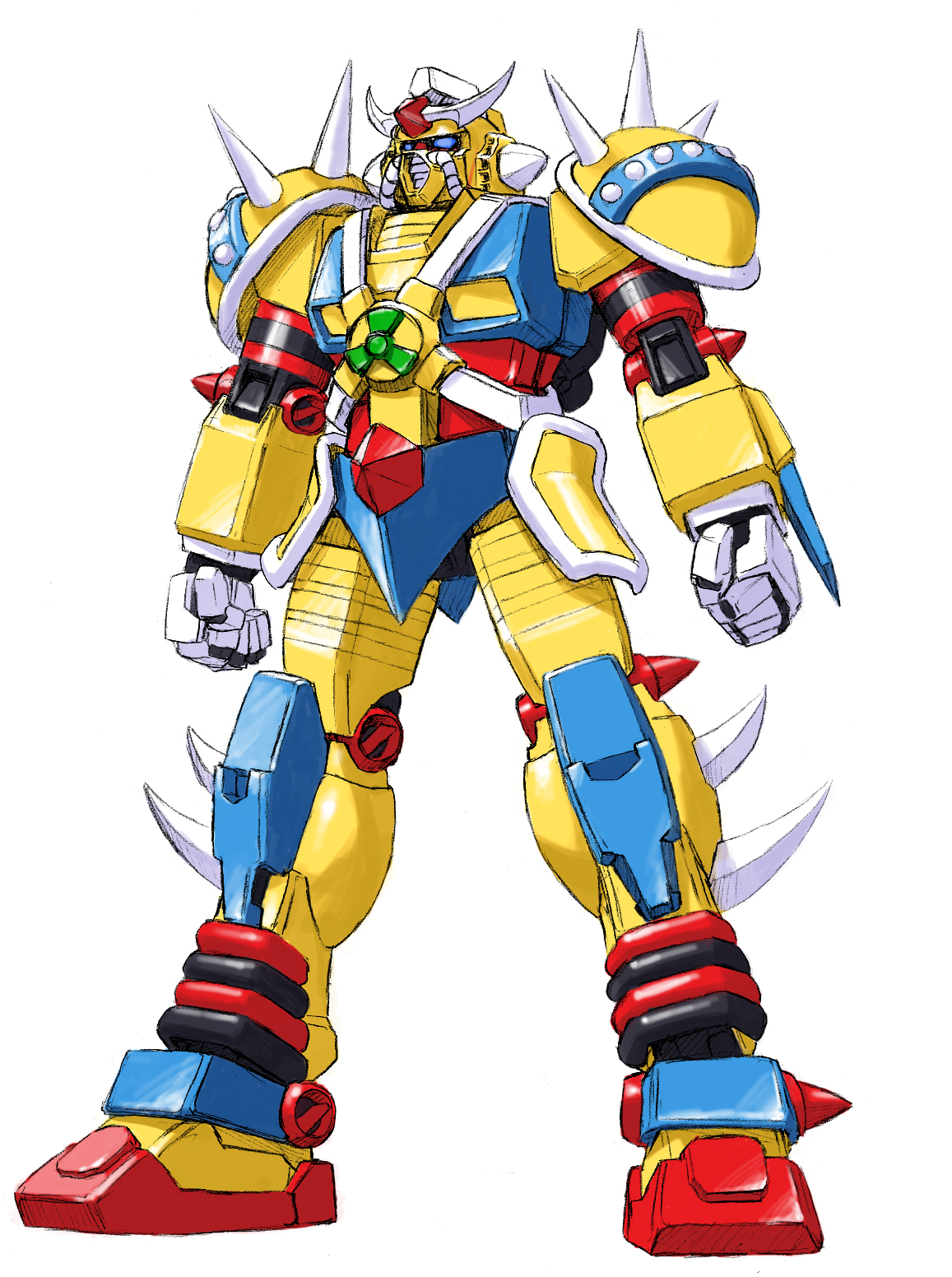 aniki gunsou, chinese gundam, gundam, highres, traditional media, arms at sides, blue eyes, clenched hands, full body, glowing, glowing eyes, gunpla, humanoid robot, joints, mask, mecha, model kit, mouth mask, no humans, no pupils, radiation symbol, robot, robot joints, shoulder spikes, simple background, spikes, standing, v-fin, white background