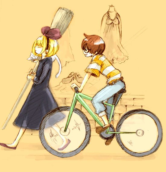 kiki (majo no takkyuubin), matt (death note), mello (death note), near (death note), tombo (majo no takkyuubin), death note, majo no takkyuubin, shueisha, studio ghibli, non-web source, 2boys, animalization, bicycle, blonde hair, bow, broom, brown hair, cat, cosplay, crossdressing, crossdressing (mtf), dress, glasses, hair bow, kiki (majo no takkyuubin) (cosplay), multiple boys, parody, tombo (majo no takkyuubin) (cosplay)